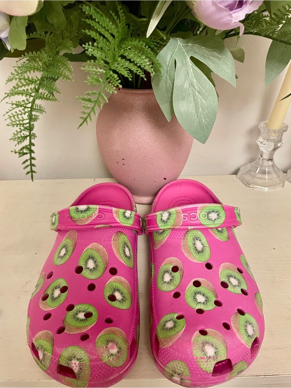 CROCS Pink Kiwi Print Classic Clogs